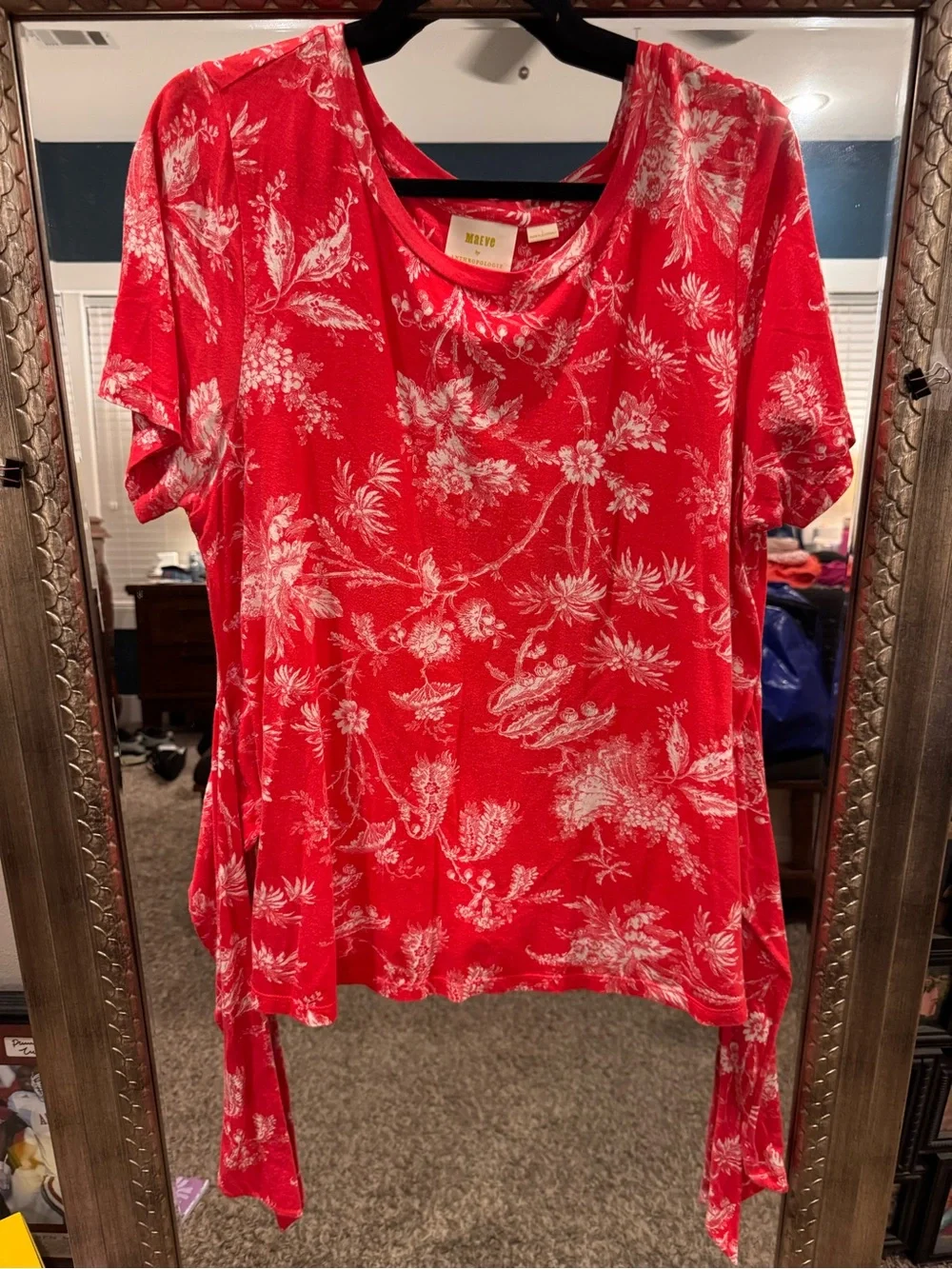 Anthropologie Red Short-Sleeve Floral Adjustable Tie-Waist Tee - Picture 1 of 2
